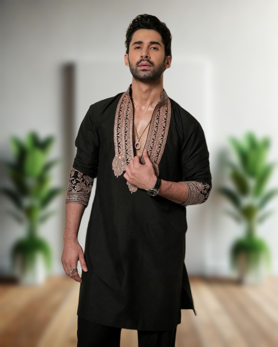 Black Rayon V Neck Embroidered Kurta Pajama Side View for Men