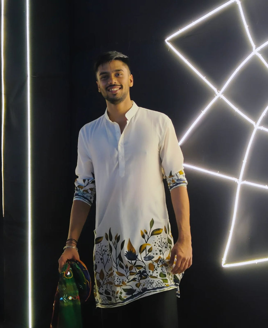 WHITE LEAF PRINTED KURTA WITH BLACK PAJAMA