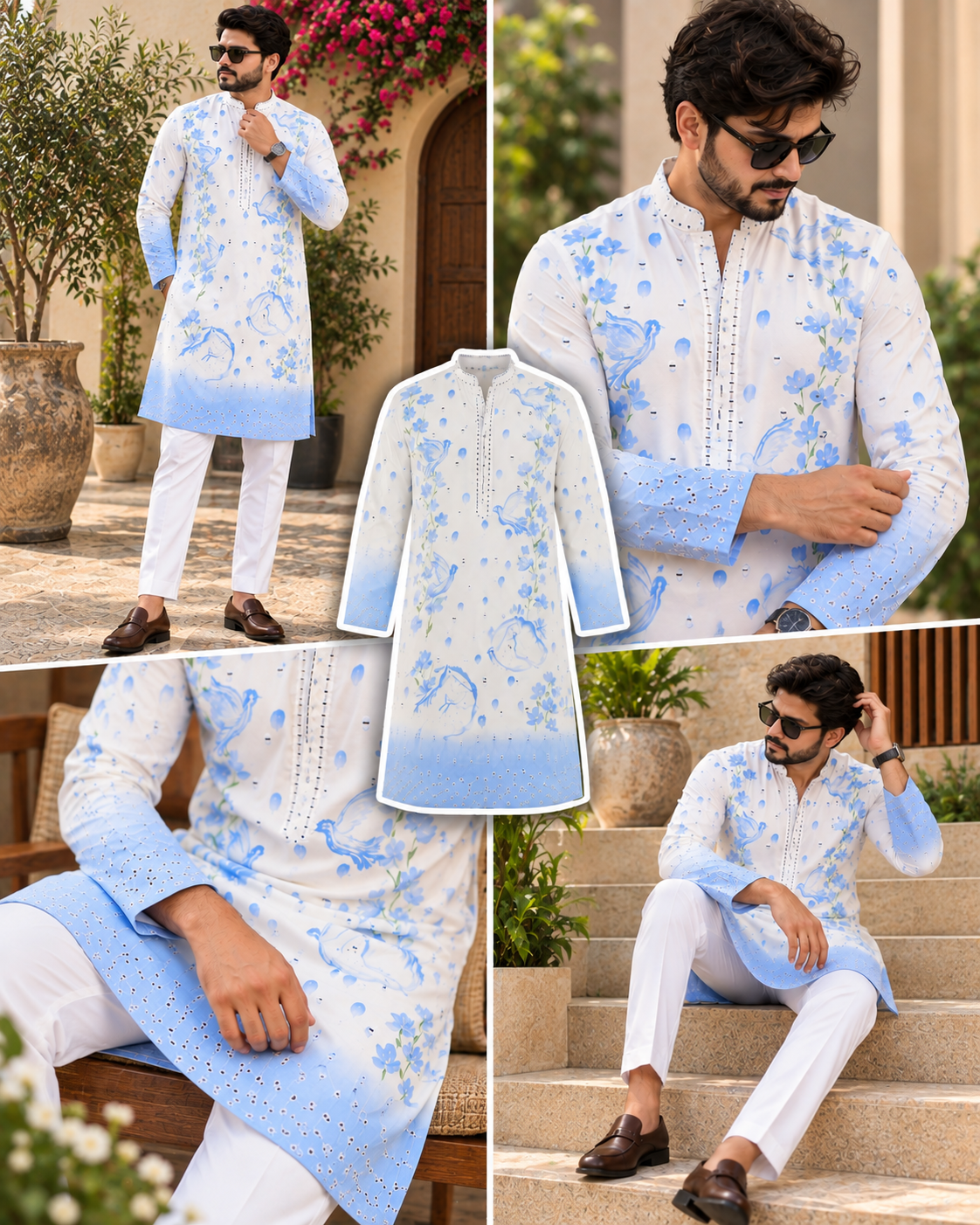 Blue Ombre Printed Mirror Work Kurta Pajama Set for Men – Designer Festive & Wedding Wear