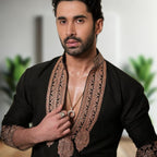Men's Black Embroidered Kurta Pajama Front View for Wedding and Festive Wear
