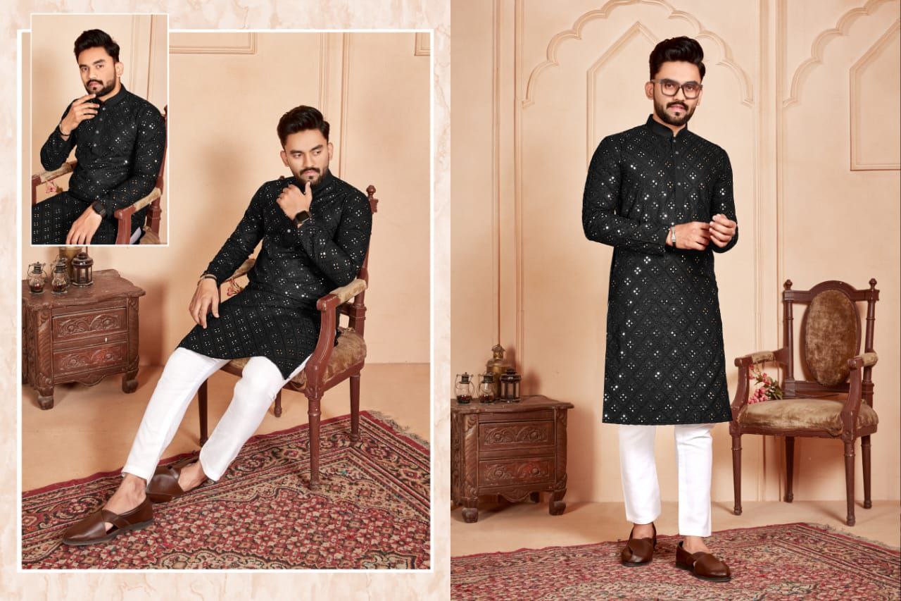 Black Mirror Embroidered Work Men's Kurta with Pajama