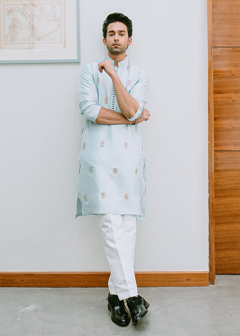 ICE Blue Buti Hand Embroidered Work Men's Kurta with Pajama