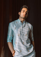 ICE Blue Buti Hand Embroidered Work Men's Kurta with Pajama