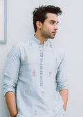 ICE Blue Buti Hand Embroidered Work Men's Kurta with Pajama