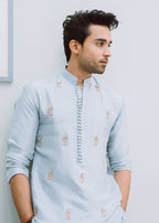 ICE Blue Buti Hand Embroidered Work Men's Kurta with Pajama