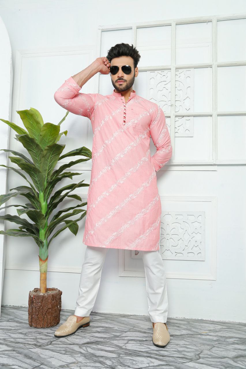 Light Pink Embroidered Work Men's Kurta with Pajama