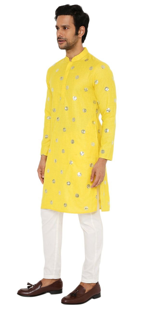 Yellow Sequence Embroidered Work Men's Kurta with Pajama