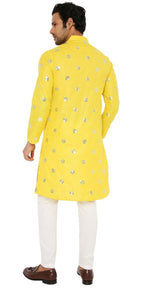 Yellow Sequence Embroidered Work Men's Kurta with Pajama