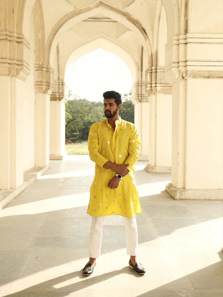 Yellow Sequence Embroidered Work Men's Kurta with Pajama