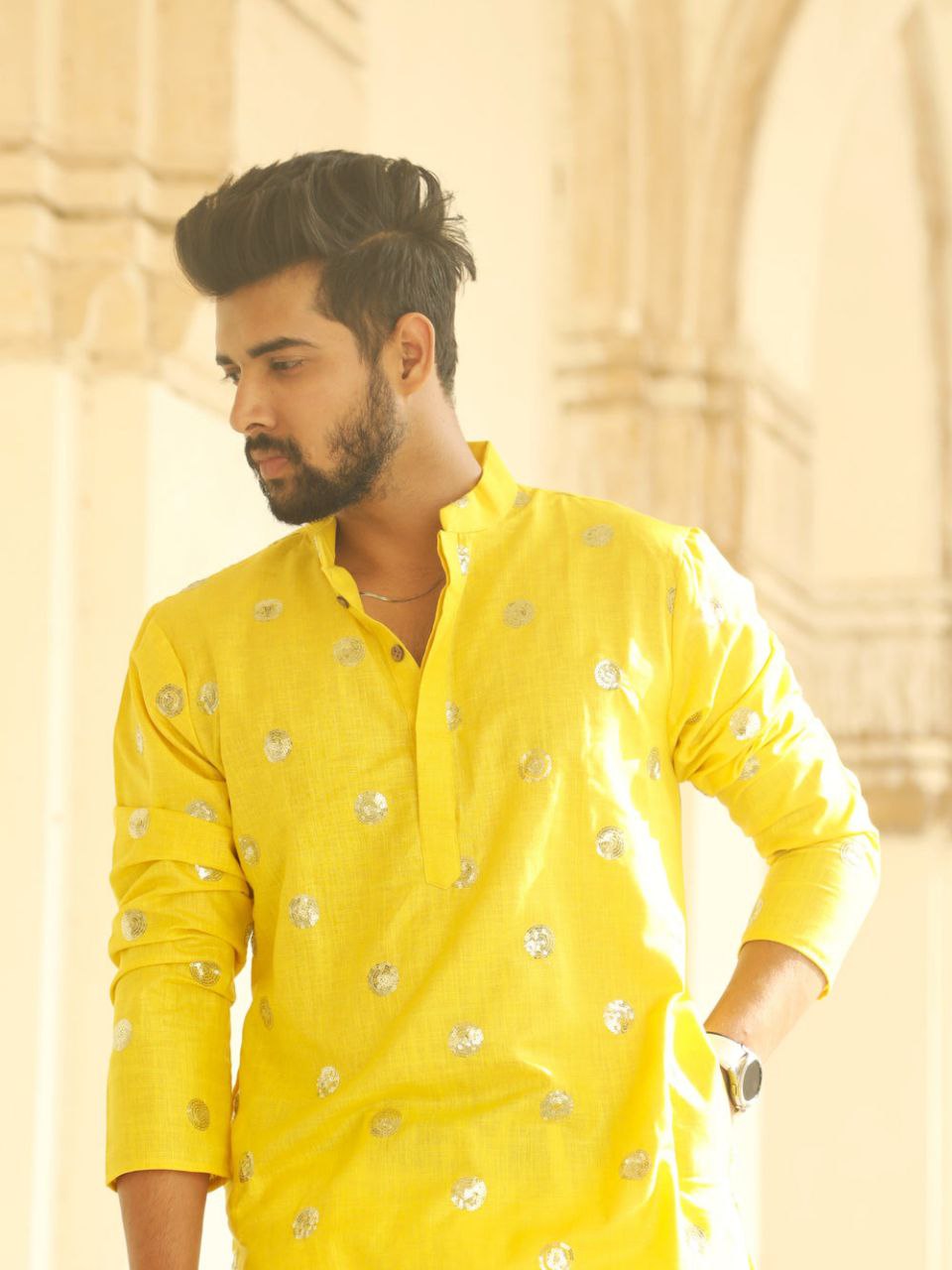 Yellow Sequence Embroidered Work Men's Kurta with Pajama