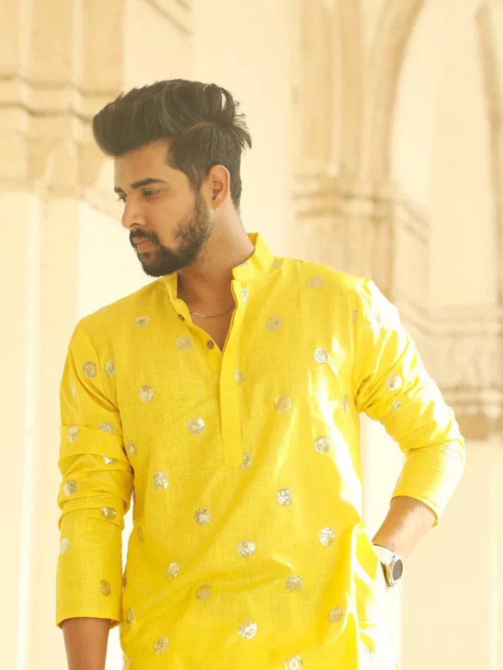 Yellow Sequence Embroidered Work Men's Kurta with Pajama