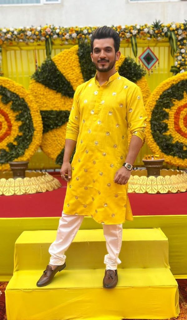 Yellow Sequence Embroidered Work Men's Kurta with Pajama
