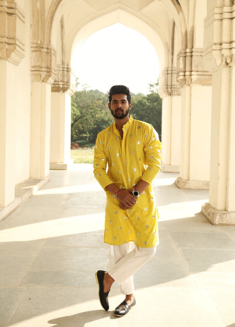 Yellow Sequence Embroidered Work Men's Kurta with Pajama