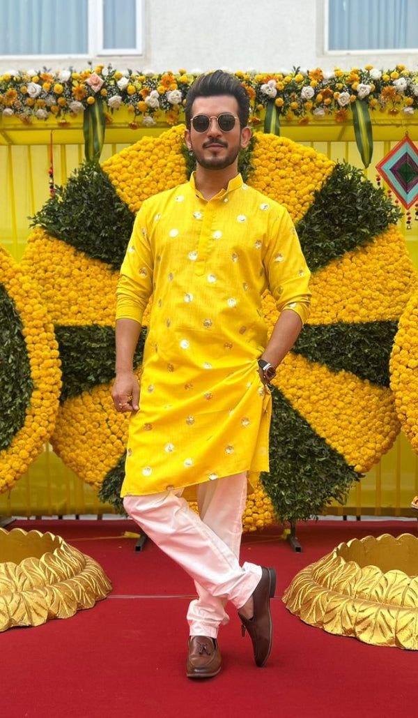 Yellow Sequence Embroidered Work Men's Kurta with Pajama