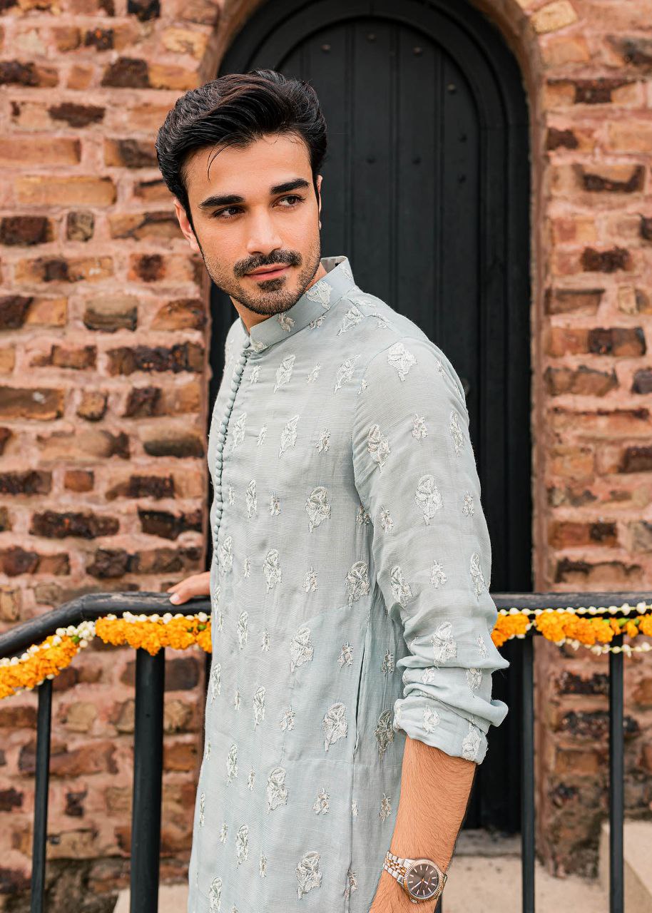 Powder Blue Embroidered Work Men's Kurta with Pajama