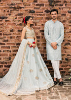 Powder Blue Embroidered Work Men's Kurta with Pajama
