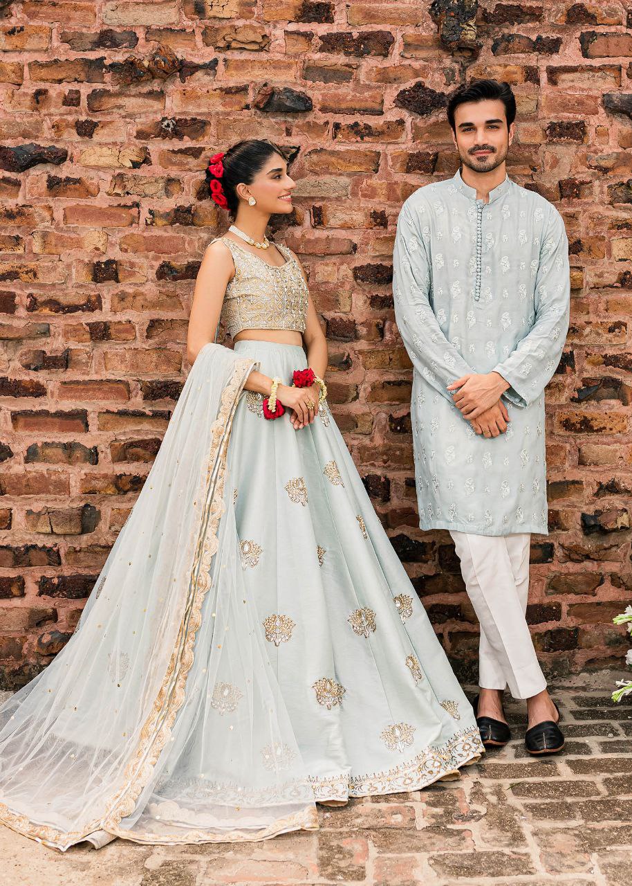 Powder Blue Embroidered Work Men's Kurta with Pajama