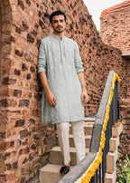 Powder Blue Embroidered Work Men's Kurta with Pajama