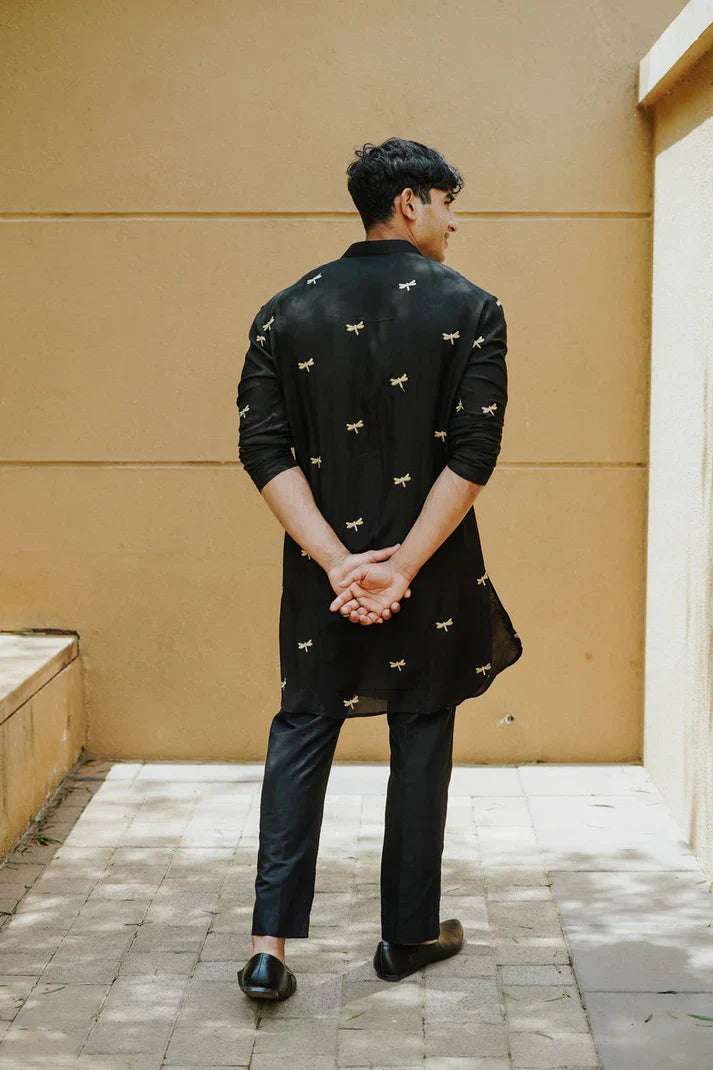 Black Dragon Fly Embroidered Work Men's Kurta with Pajama