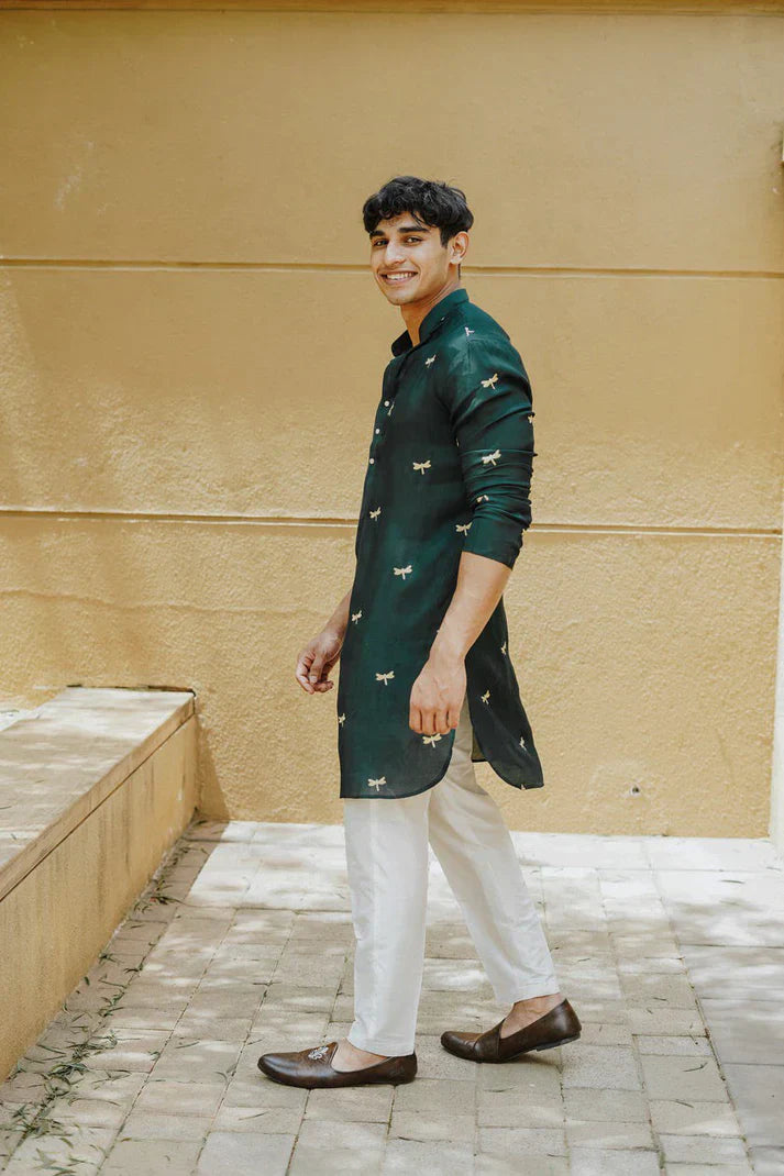 Green Dragon Fly Embroidered Work Men's Kurta with Pajama