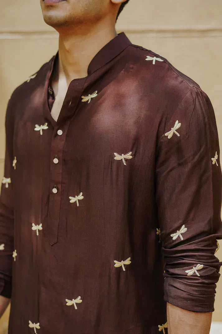 Brown Dragon Fly Embroidered Work Men's Kurta with Pajama