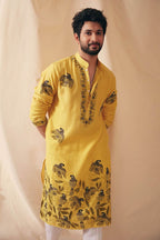 MUSTARD PARROT CHANDERI KURTA PAJAMA SET FOR MENS