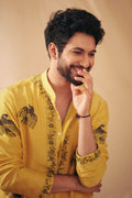 MUSTARD PARROT CHANDERI KURTA PAJAMA SET FOR MENS