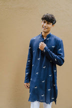 NAVY BLUE DRAGON  FLY EMBROIDERY WORK KURTA WITH PAJAMA SET FOR MEN