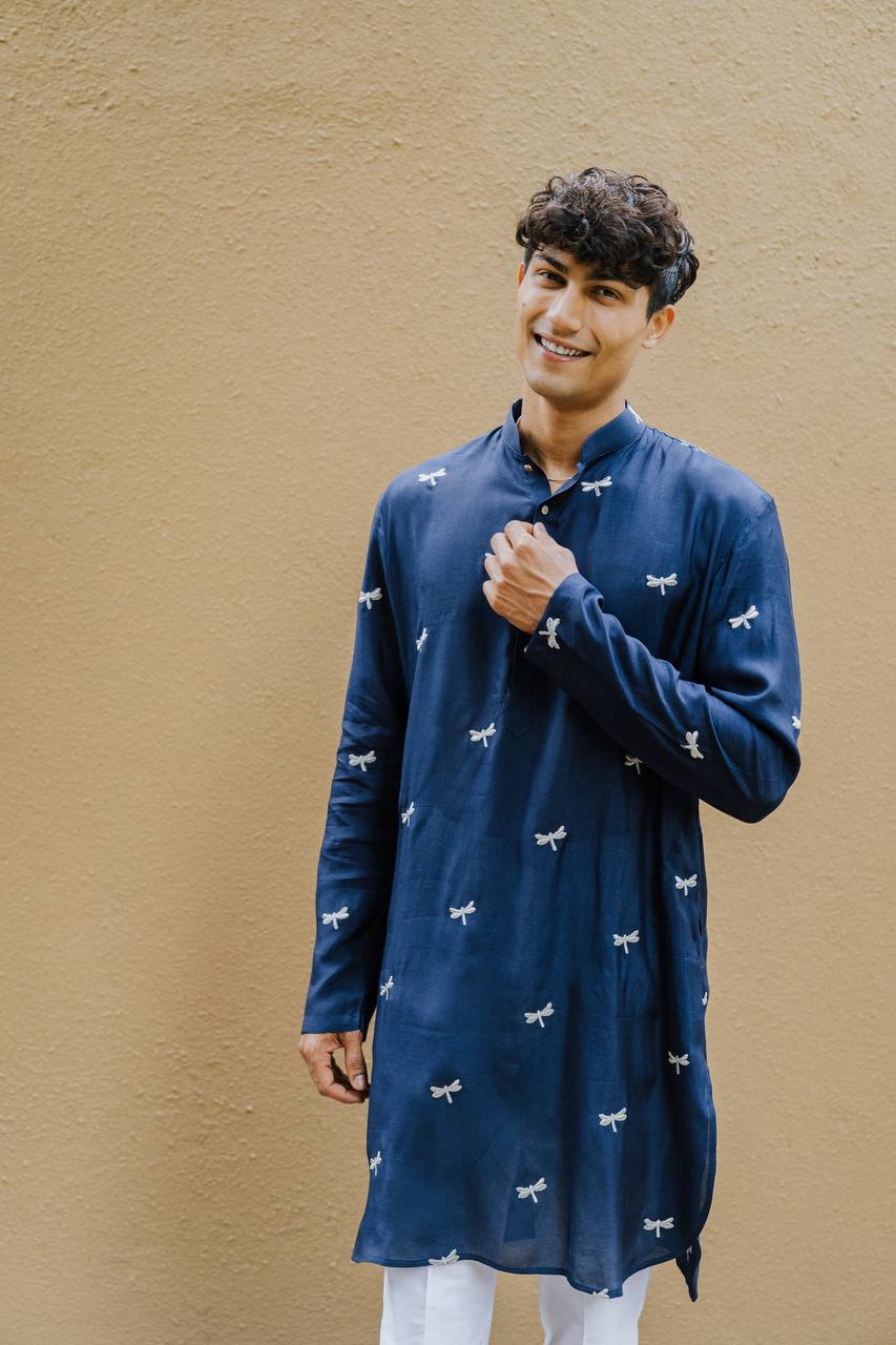 NAVY BLUE DRAGON  FLY EMBROIDERY WORK KURTA WITH PAJAMA SET FOR MEN
