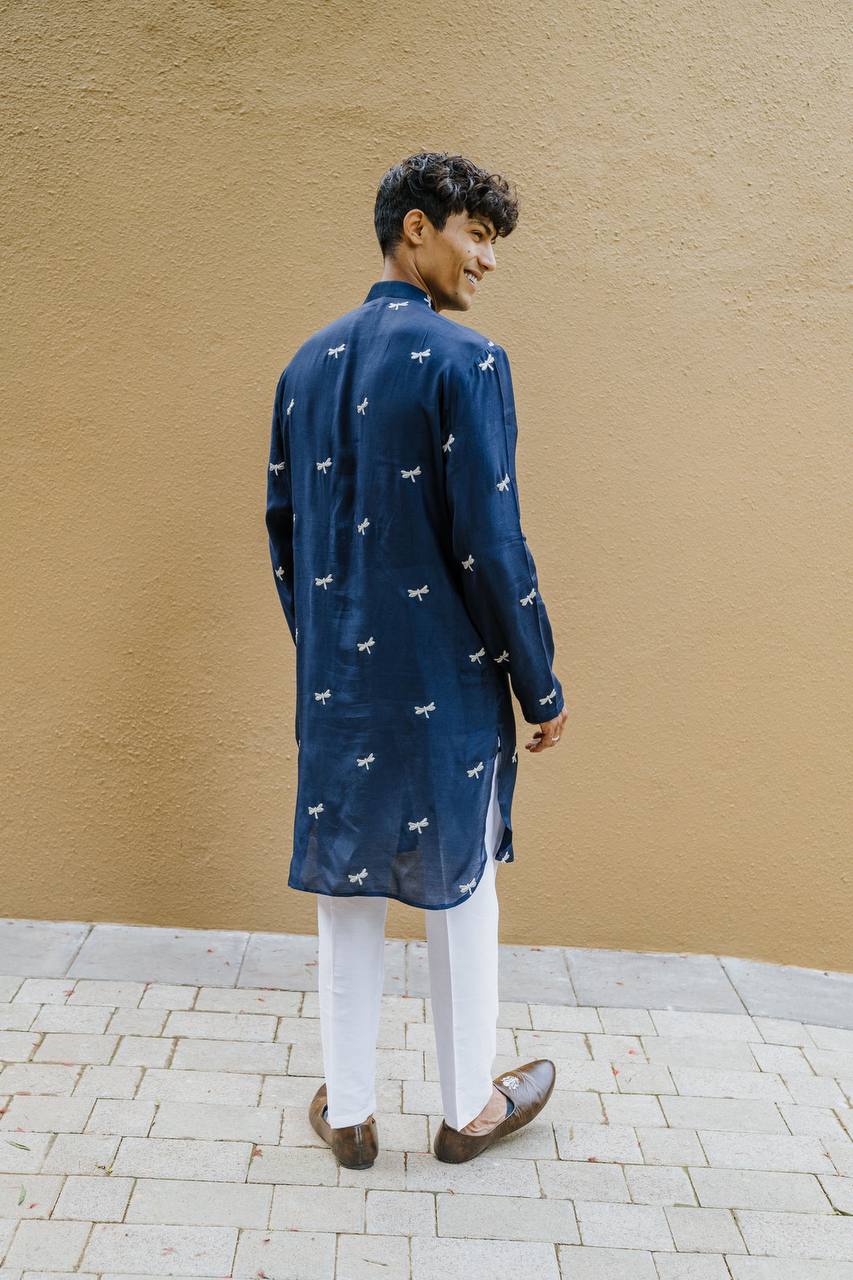 NAVY BLUE DRAGON  FLY EMBROIDERY WORK KURTA WITH PAJAMA SET FOR MEN