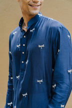 NAVY BLUE DRAGON  FLY EMBROIDERY WORK KURTA WITH PAJAMA SET FOR MEN