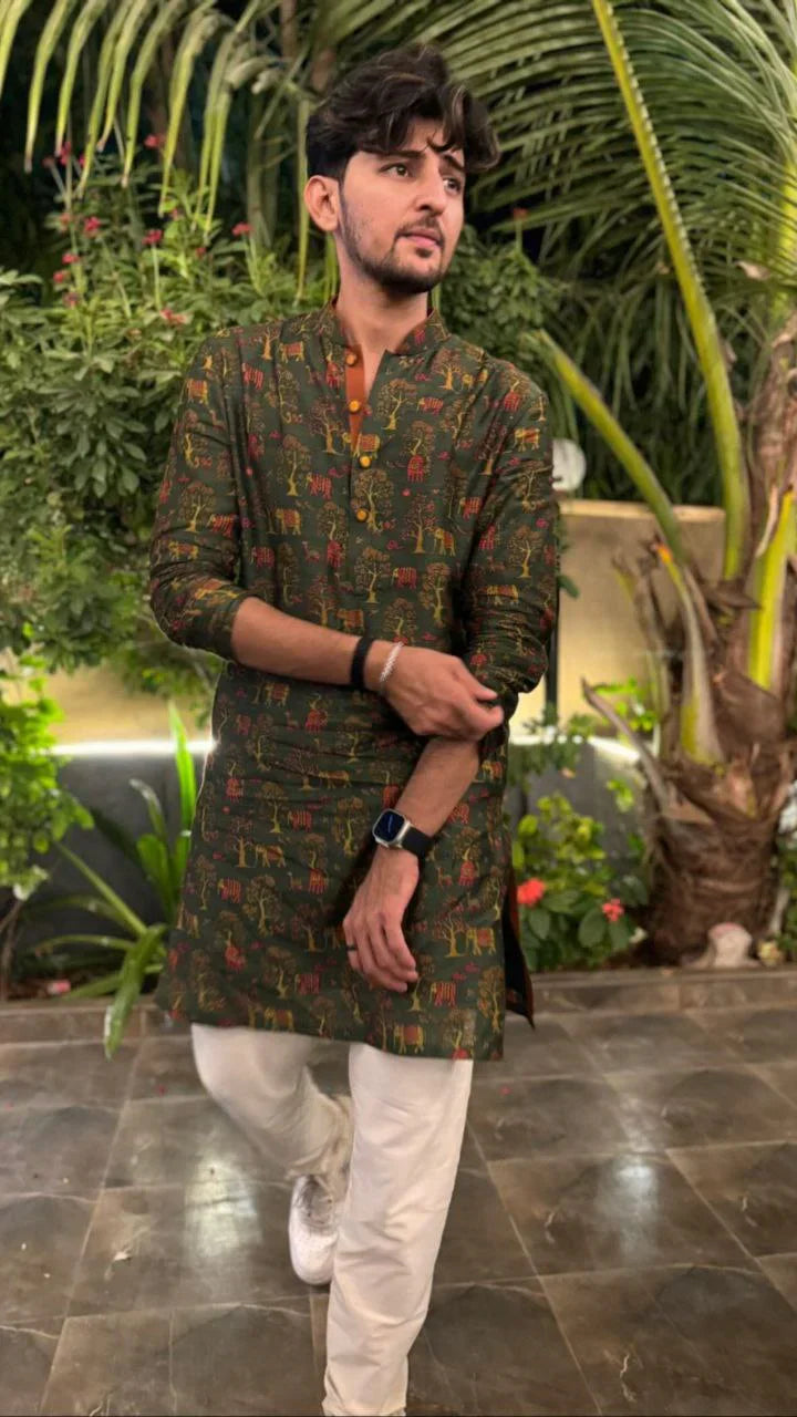 OLIVE GREEN  PRINTED KURTA PAJAMA SET