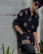 STYLISH BLACK ZIPPER N EMBROIDERED WORK KURTA WITH PAJAMA