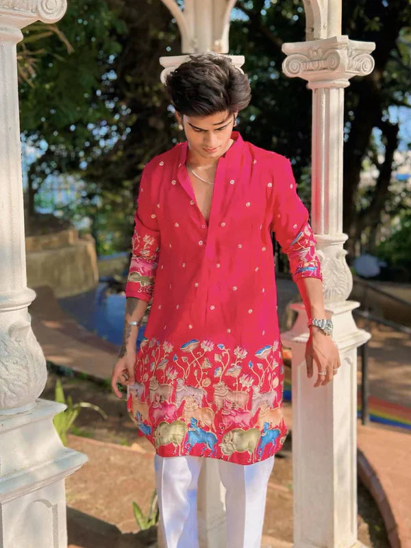 PINK COW N LOTUS BUTTY EMBROIDERED PRINTED KURTA WITH PAJAMA SET