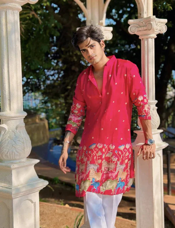 PINK COW N LOTUS BUTTY EMBROIDERED PRINTED KURTA WITH PAJAMA SET
