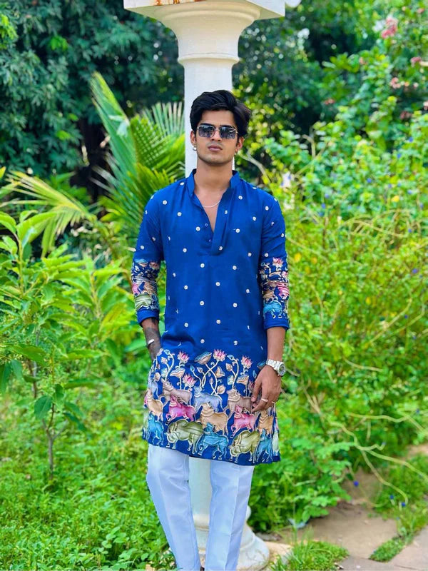 BLUE COW N LOTUS BUTTY EMBROIDERED PRINTED KURTA WITH PAJAMA SET