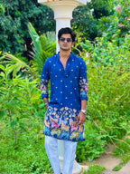 BLUE COW N LOTUS BUTTY EMBROIDERED PRINTED KURTA WITH PAJAMA SET