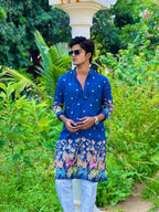 BLUE COW N LOTUS BUTTY EMBROIDERED PRINTED KURTA WITH PAJAMA SET