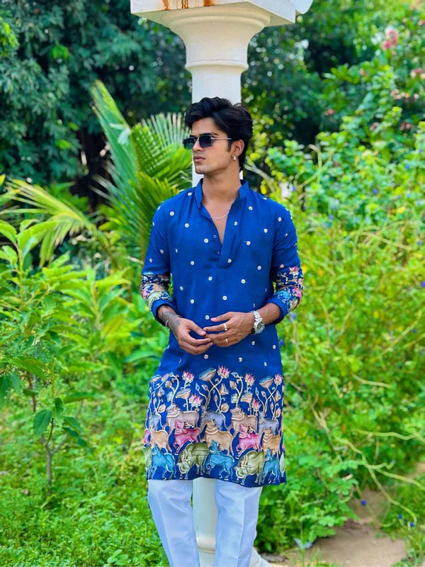 BLUE COW N LOTUS BUTTY EMBROIDERED PRINTED KURTA WITH PAJAMA SET