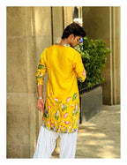 YELLOW PEACOCK COW N LOTUS PRINTED KURTA WITH PAJAMA SET