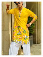 YELLOW PEACOCK COW N LOTUS PRINTED KURTA WITH PAJAMA SET