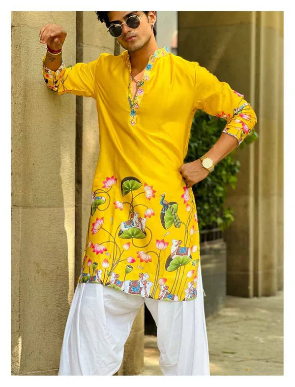YELLOW PEACOCK COW N LOTUS PRINTED KURTA WITH PAJAMA SET