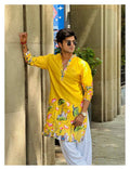 YELLOW PEACOCK COW N LOTUS PRINTED KURTA WITH PAJAMA SET