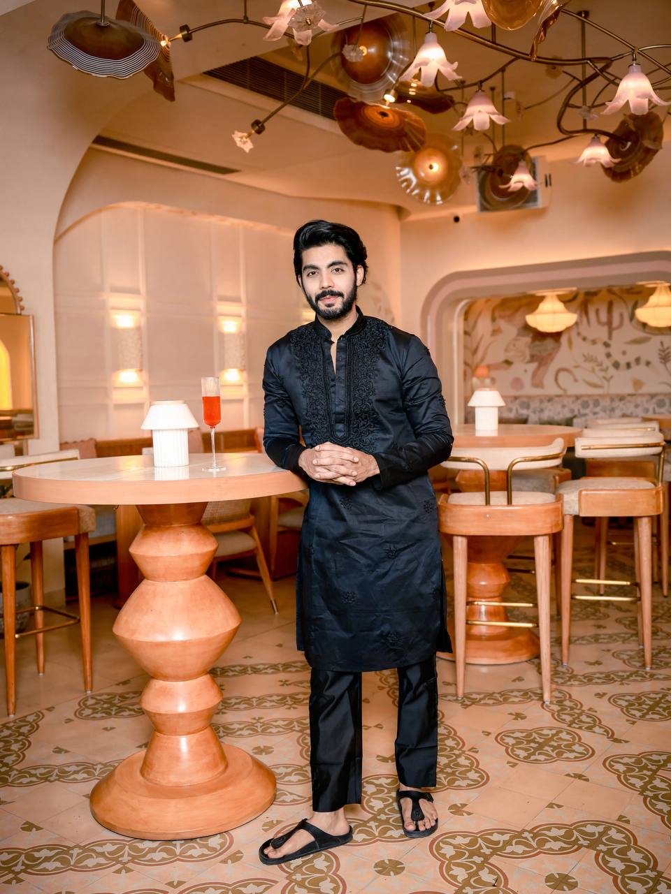 Black Neck Cotton Embroidered Work Men's Kurta with Pajama