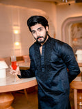 Black Neck Cotton Embroidered Work Men's Kurta with Pajama