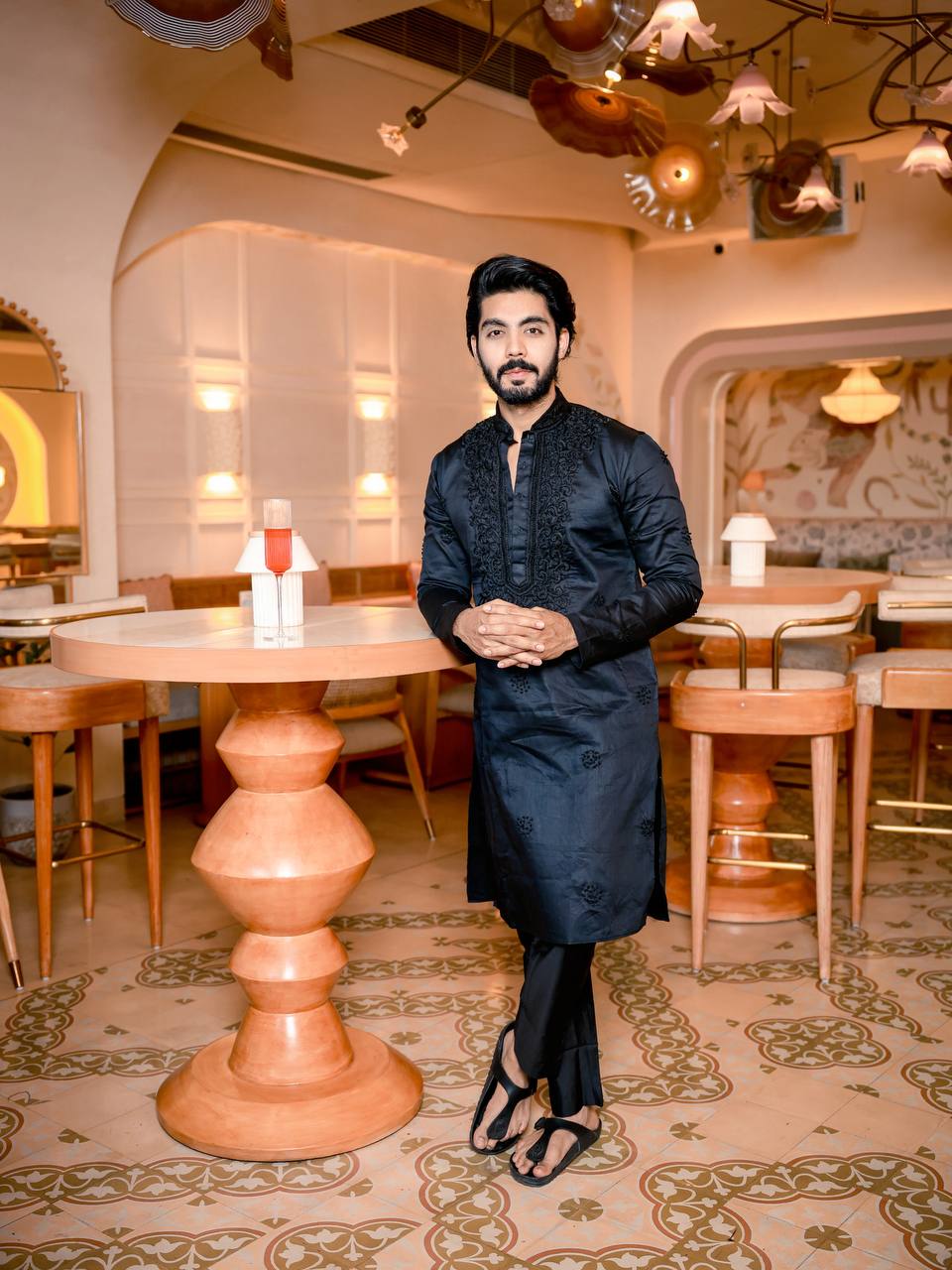 Black Neck Cotton Embroidered Work Men's Kurta with Pajama