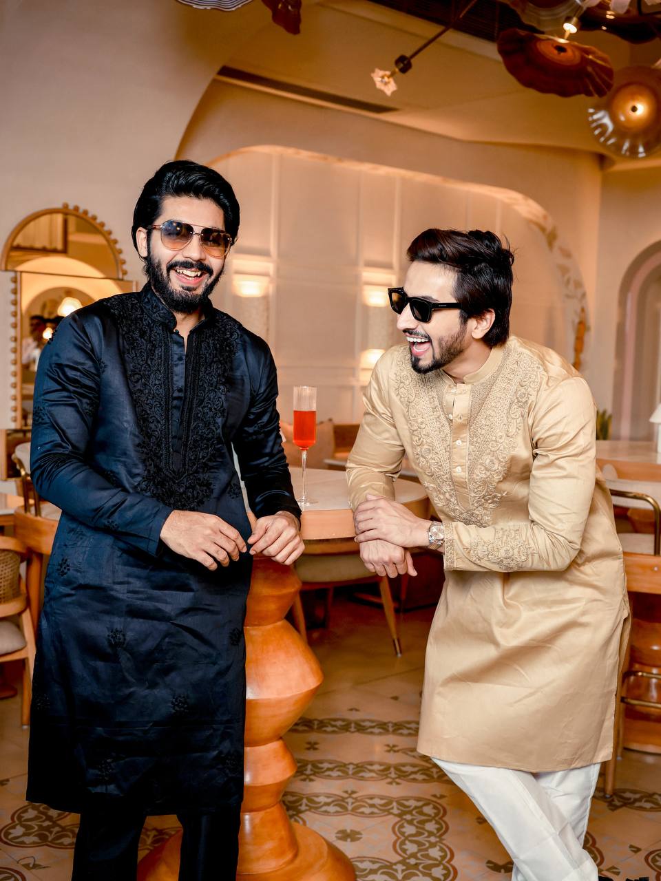 Beige Neck Cotton Embroidered Work Men's Kurta with Pajama