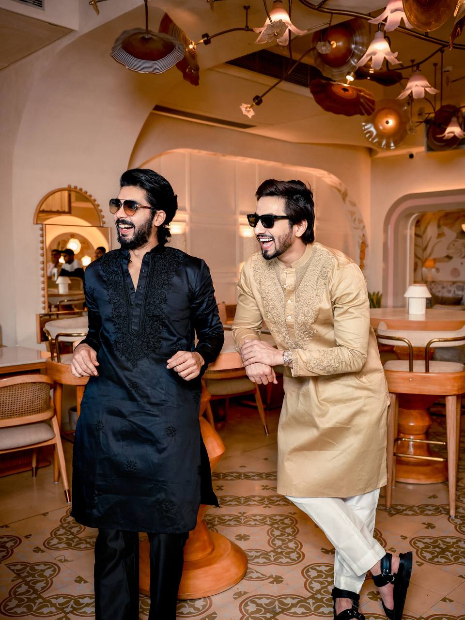 Beige Neck Cotton Embroidered Work Men's Kurta with Pajama