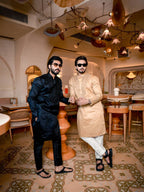 Black Neck Cotton Embroidered Work Men's Kurta with Pajama