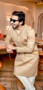 Beige Neck Cotton Embroidered Work Men's Kurta with Pajama